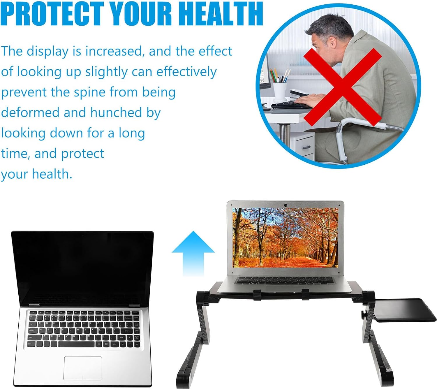 NUOBESTY Aluminum Alloy Laptop Stand with Dual Cooling Fans and Mouse Pad, Foldable Adjustable Computer Holder for Bed and Desk Use, Portable Notebook Cooling Support for Home and Office