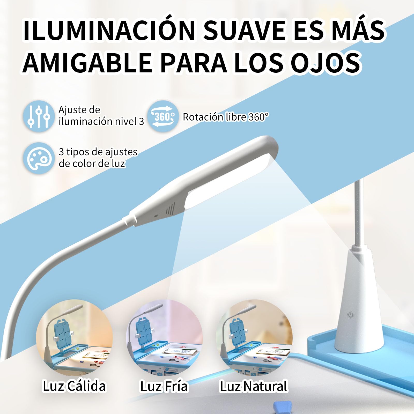 Escritorio Infantil 6-12 Años con Luz LED y Tablero Inclinable - Pupitre Infantil Ajustable en Altura, Escritorio Niño Niña para Estudio, Deberes, Lectura - [Azul]