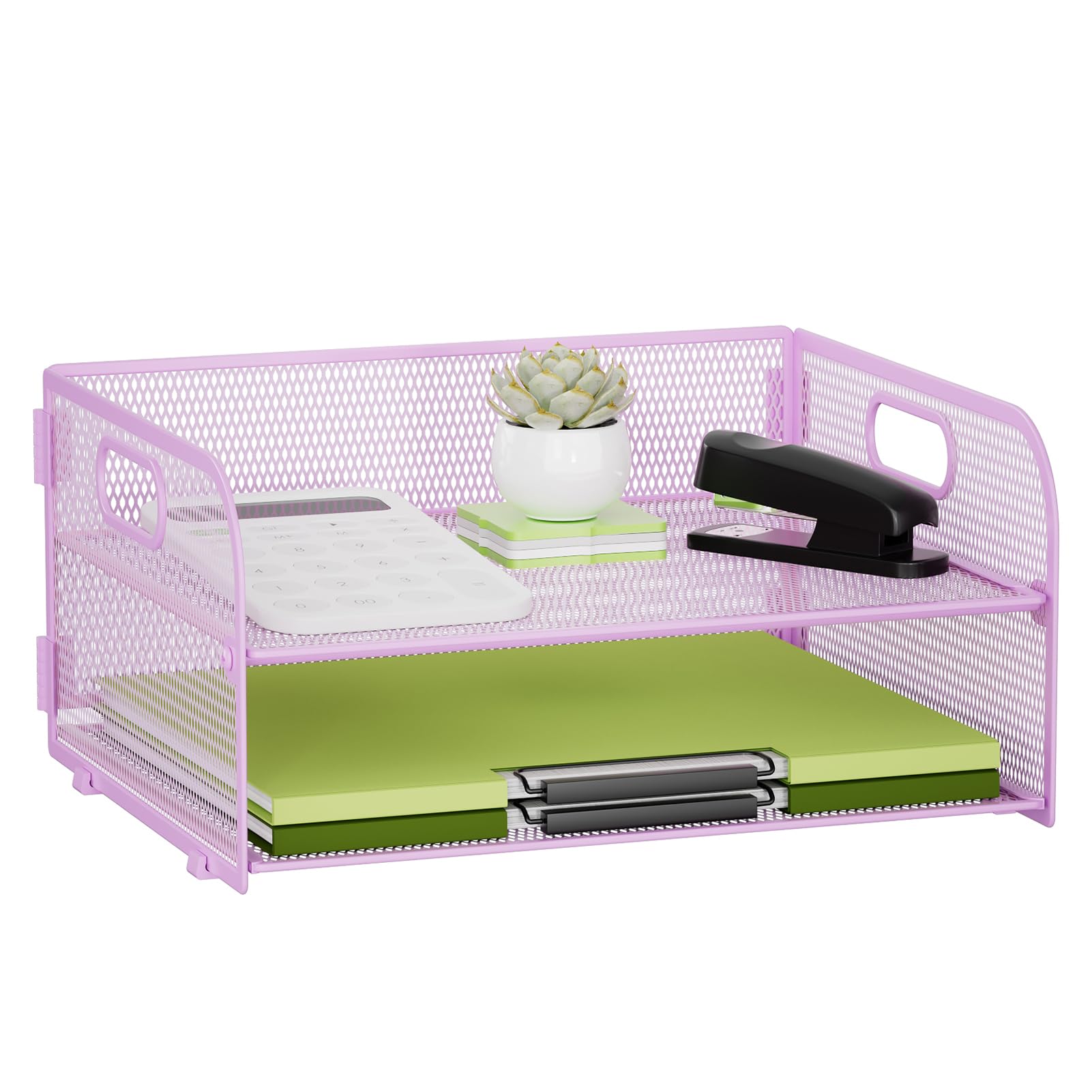 Volmop 2 Tier Metal Mesh Desk File Organizer, Letter and Paper Tray with Handle, Non-Slip Base for Office School Supplies, Purple