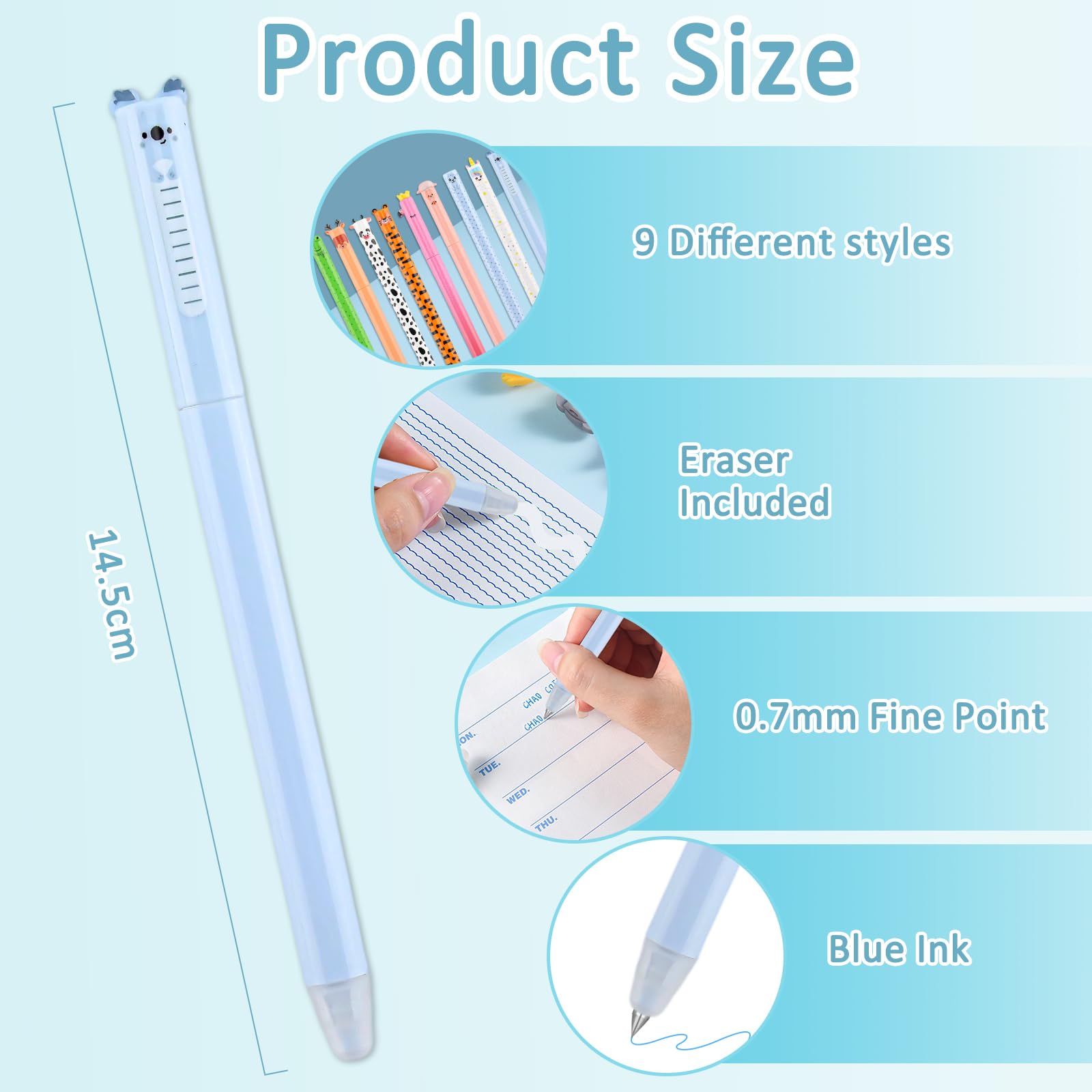 9 penne gel cancellabili a forma di animale con punta da 0,7 mm, inchiostro blu, penne gel per scrittura fluida, riscrivibili, set di penne termiche per scuola, ufficio, appunti, cancelleria