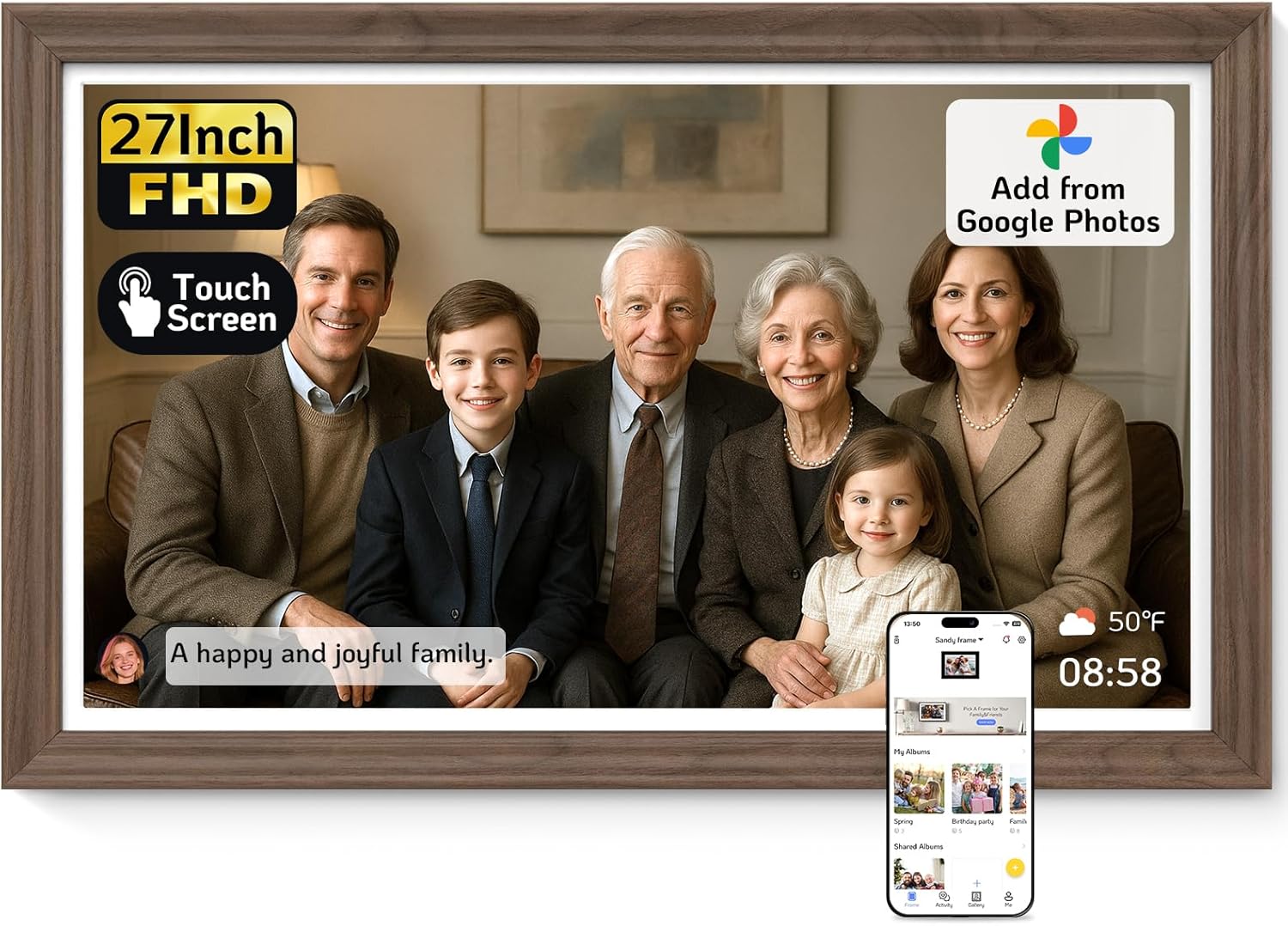 NexFoto Large Digital Picture Frame 27'' Touchscreen, WiFi Electronic Photo Frame 64GB 1920 * 1080 - Add Photos from Google Photos, Upload Videos, for Christmas/Housewarming/Mom/Birthday, Walnut