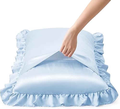 Vista 106 de Fundas de almohada de satén negro con volantes para cabello y piel, juego estándar de 2 fundas de almohada de seda negra con cierre de sobre