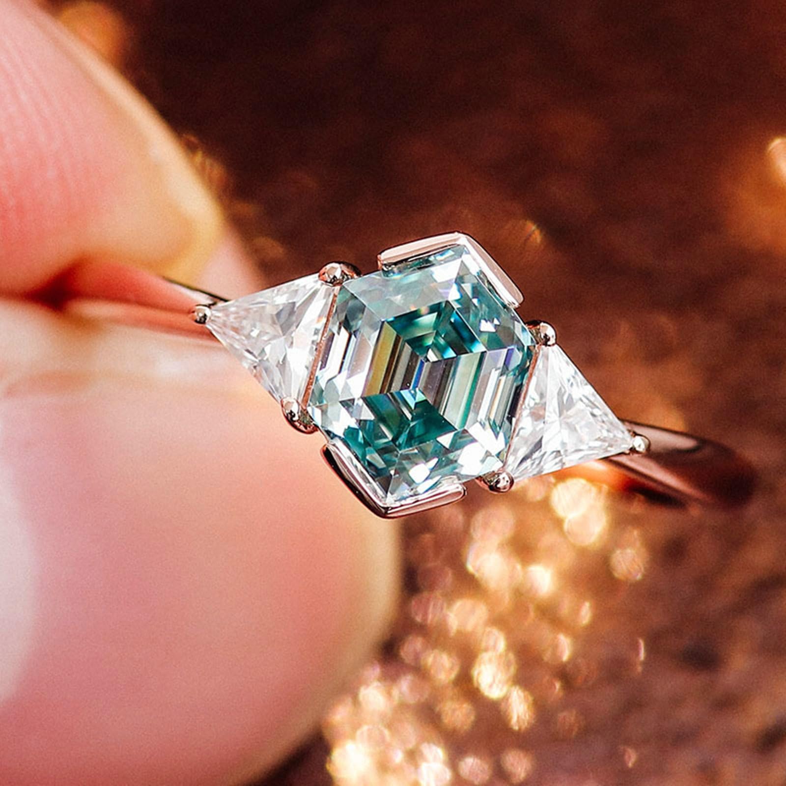 Daesar Anelli Amicizia Oro Rosa 14K, Anello di Matrimonio Donna Elegante Moissanite A Doppio Triangolo e Esagono Verde da 1ct-3ct Anello Fidanzamento Donna Oro Rosa per Fidanzata, Sposa