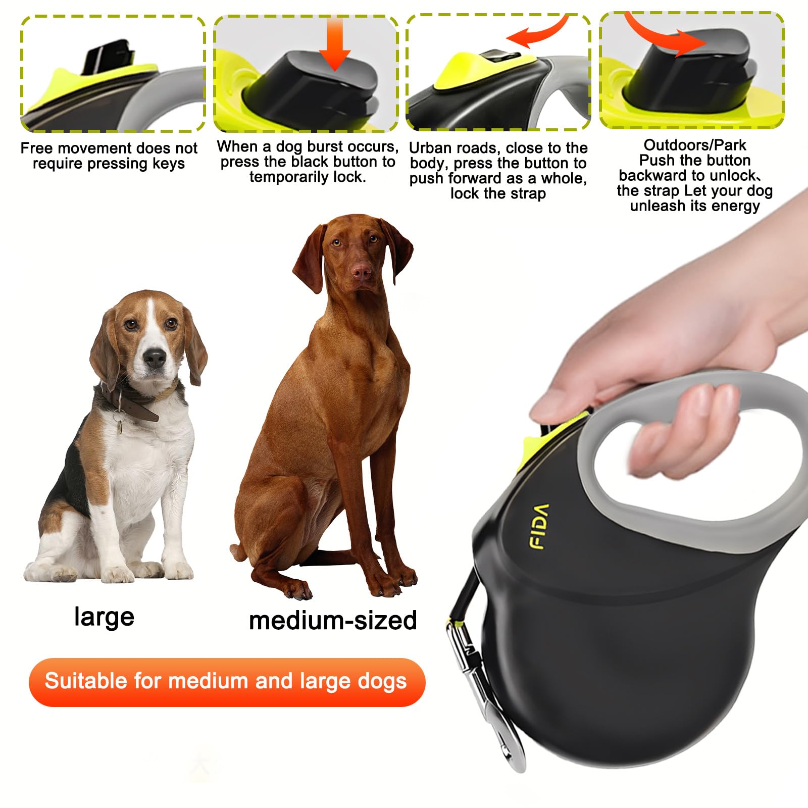 Einziehbare Hundeleine, Verhedderungsfreier Leinenverlängerung, Verknotungsfrei Rollleine, Rollleine Mit Neon-Gelb Leuchtender Reflektor Für Hunde Bis Zu 50kg Gewicht, 8m, Schwarz Und Gelb