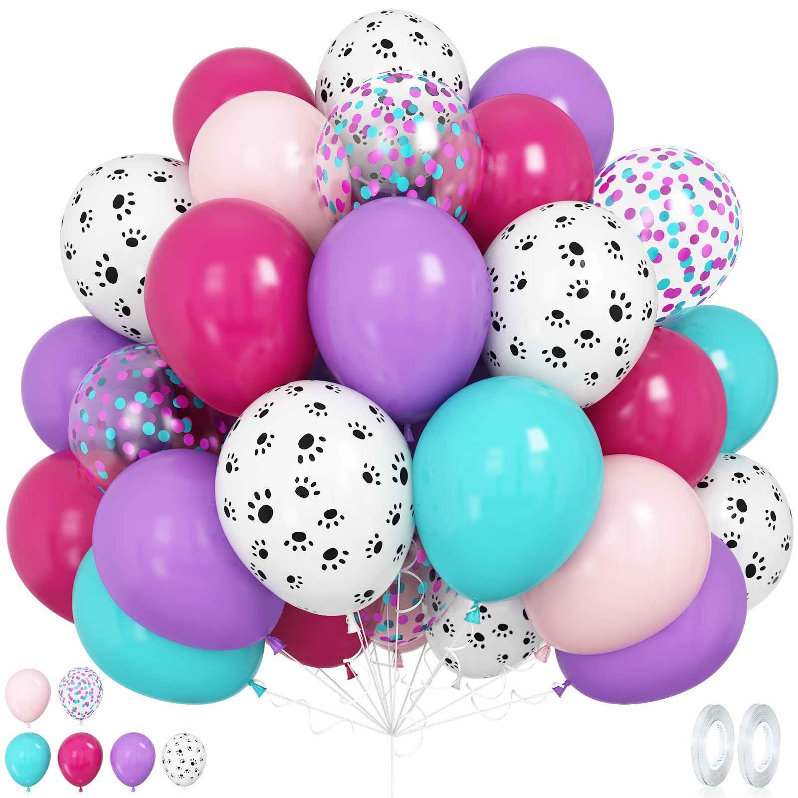Dog Paw Balloons, 12 Inch Pink Purple Blue Balloons, Puppy Paw Print Hot Pink Purple Teal Blue Latex Balloon with Confetti Balloon for Girls Kids