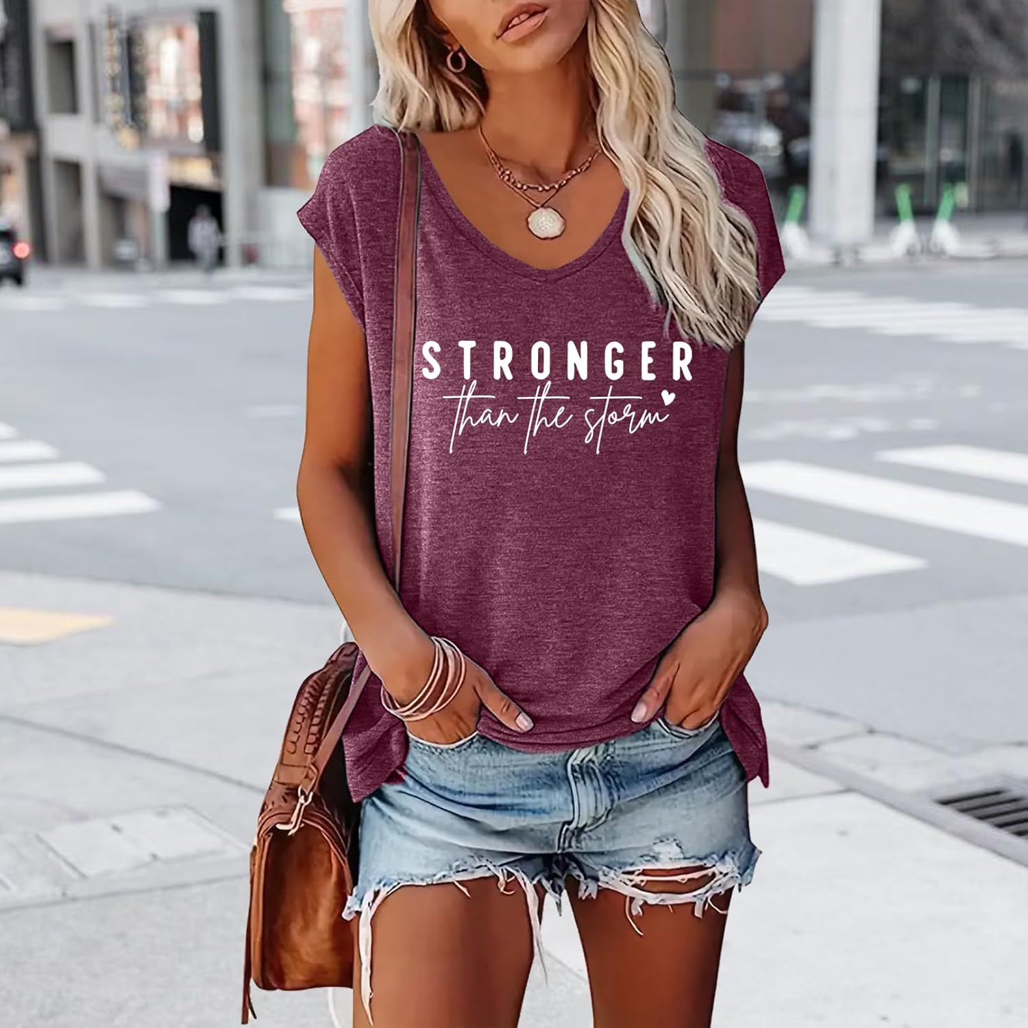 BLACKMYTH Women's Graphic Tees V-Neck Stronger Cap Sleeve T-Shirts - Image 2