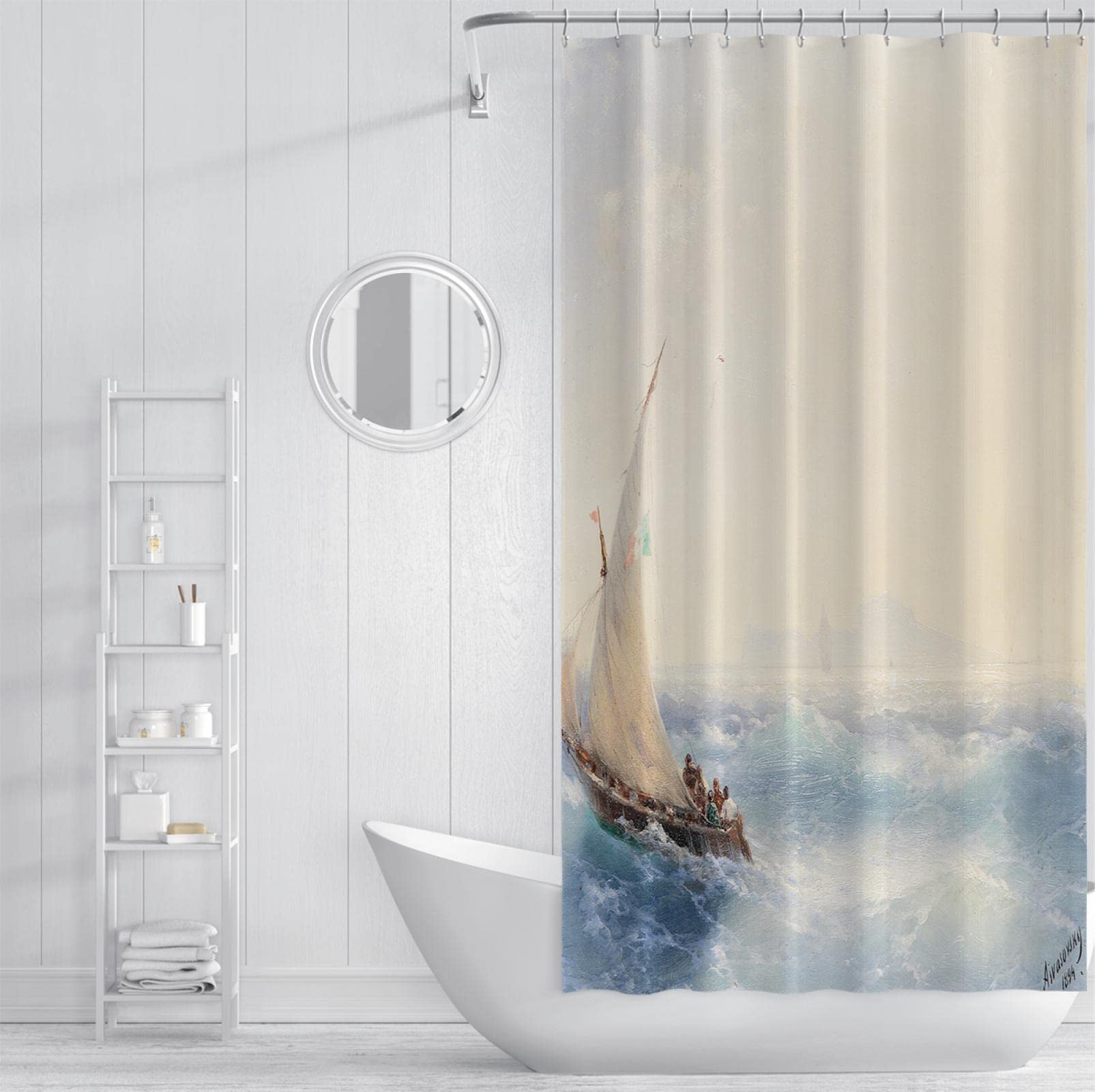 Rideau de Douche Bleu Avec vue Sur l’océan Ensemble de rideaux de Douche en Tissu Polyester pour voilier Blanc Avec crochets Ivan Aivazovsky Art Rideau de Bain imperméable 150Bx200Lcm