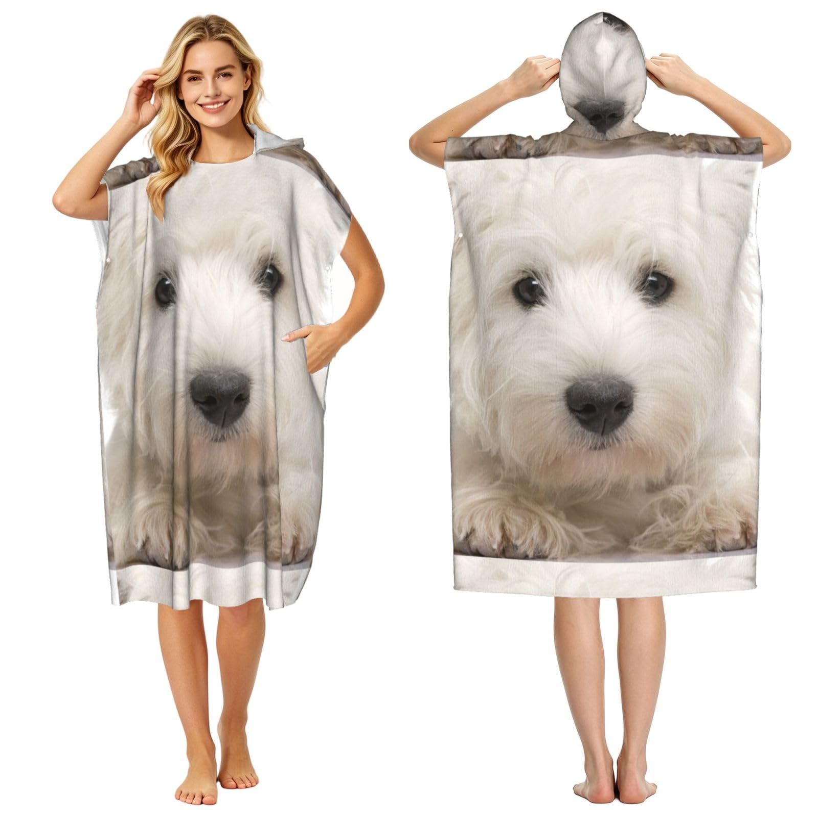 Poadnly Cute Westie Puppy, Adult Hooded Beach Towel 90 x 110 cm,Changing Bath Robe, Surf Poncho Towel For Women Men
