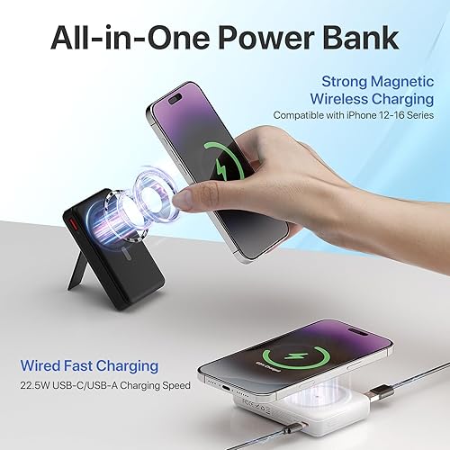 Miniatura 2 de Cargador portátil magnético, banco de energía inalámbrico de 10000 mAh con soporte y pantalla LED USB C, paquete de baterías para iPhone