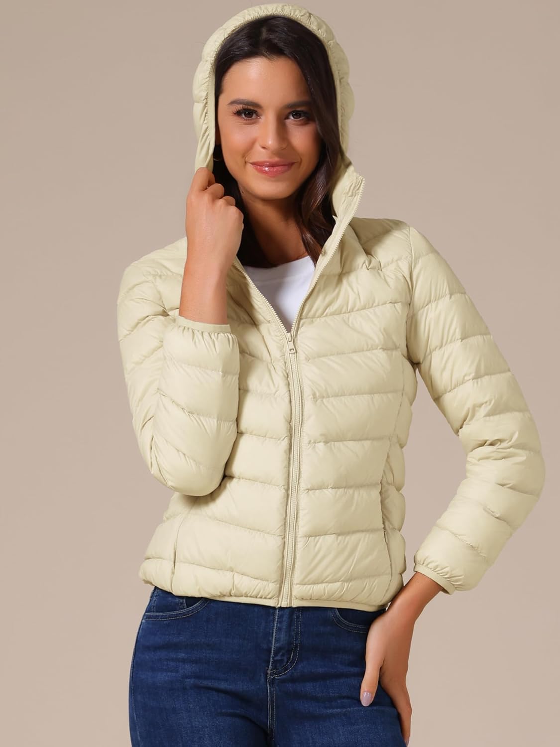 Allegra K Women's Packable Puffer Jacket Short Down Coat Hooded Winter Ultra Light Jackets Outerwear