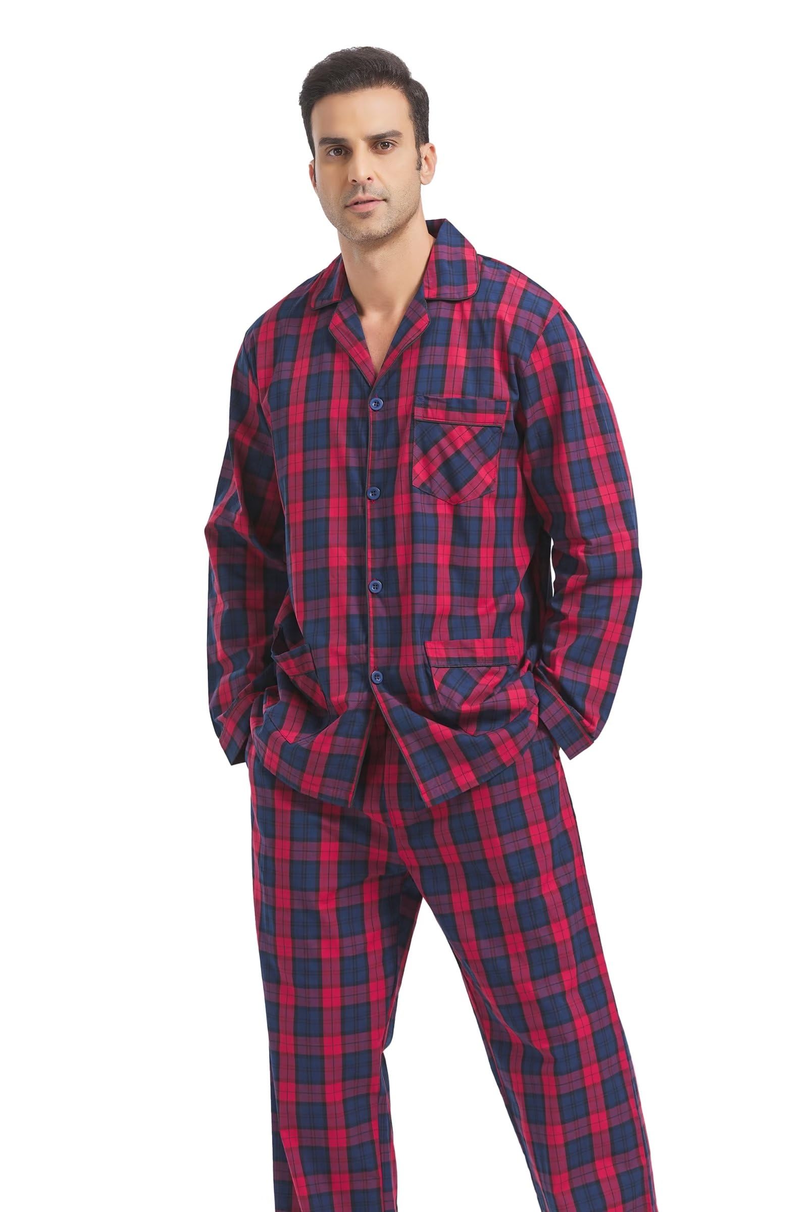 Pigiama da uomo in cotone set da 2 Pice Plaid Comfy pigiameria PJS con tasche