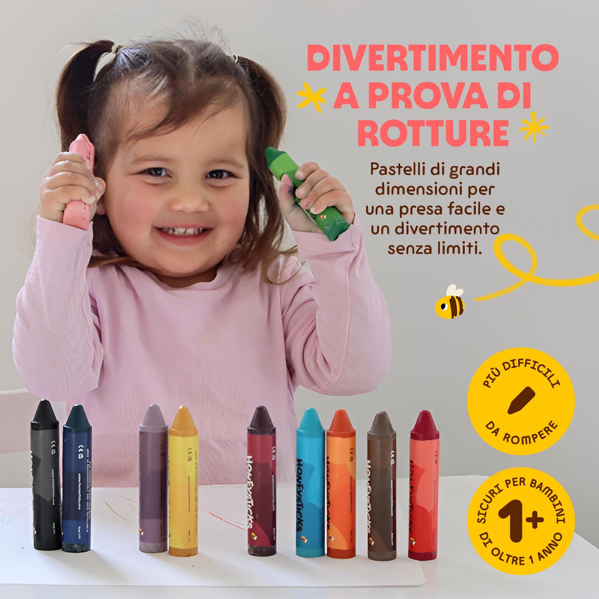 Honeysticks Super Jumbo Pastelli di cera (pacco da 12) - 100% cera d'api, colori alimentari, non tossici, per bambini 1-3 anni, infrangibili, extra-large, facili da tenere e usare, eco-compatibili