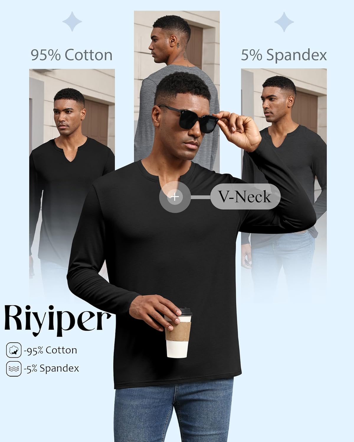 Riyiper 3 Pack Men's Long Sleeve T Shirts, V Neck Longline Henley Cotton Shirts Casual Muscle Tee Stretch Athletic Tops
