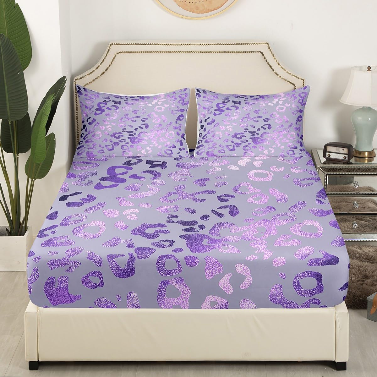 Purple Leopard Printed Bedding Set Twin Size Purple Glitter Bed Set for Girls Teens Bedroom Decor Kids Cheetah Printed Fitted Sheet Soft Wild Animal