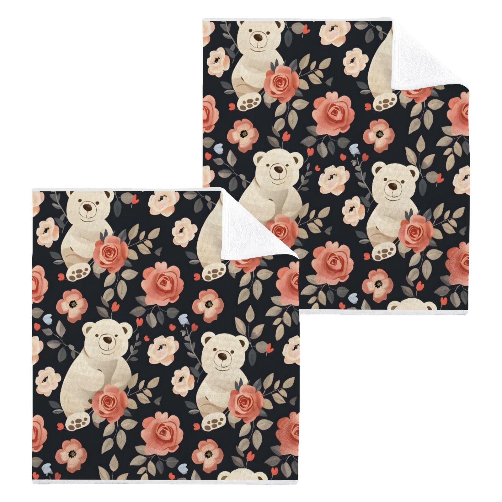 ALAZA Wash Cloth Set 100% Cotton Fingertip Towels Face Cloths Sets Bears Roses Highly Absorbent Soft Feel Set of 2