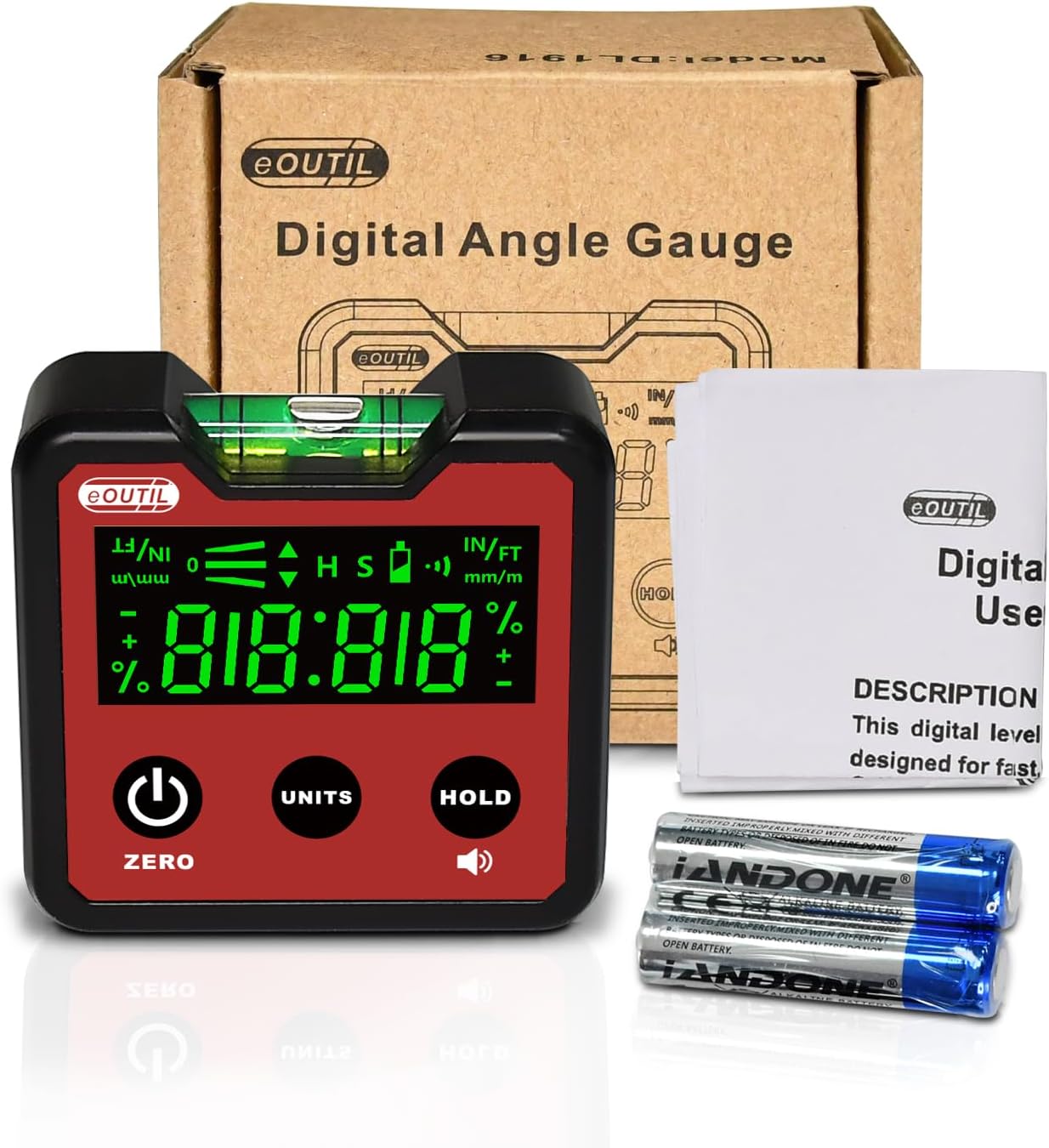 Package contents including the digital angle gauge, instruction manual, and two AAA batteries.