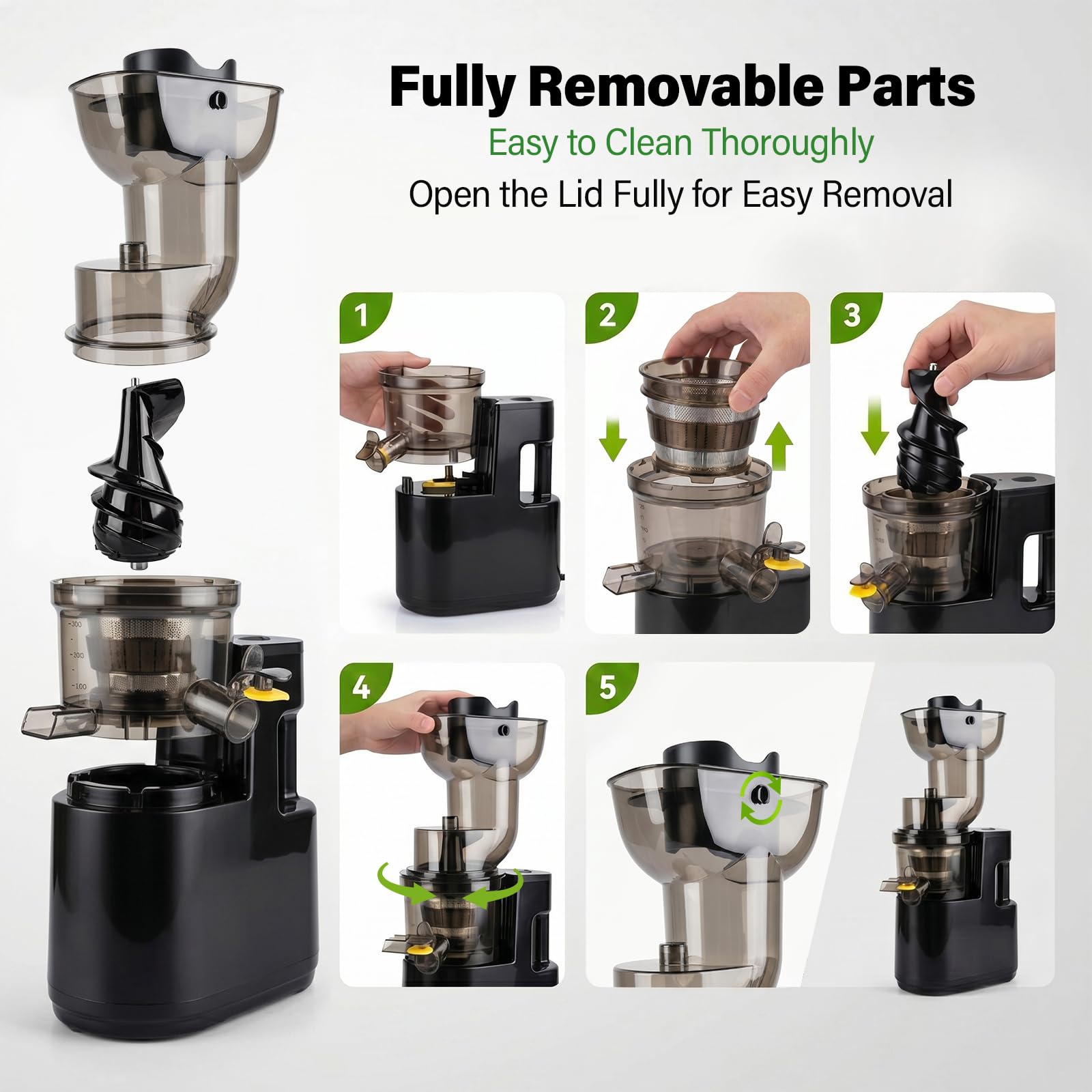 Slow Juicer 500W mit 170mm XXL Einfüllöffnung, Elektrischer Entsafter Kaltpress, BPA-frei, 3-Fach-Filtersystem, Leiser Obst- & Gemüseent­safter, Einfach zu Reinigen, Mit 2 Gläsern & Bürste