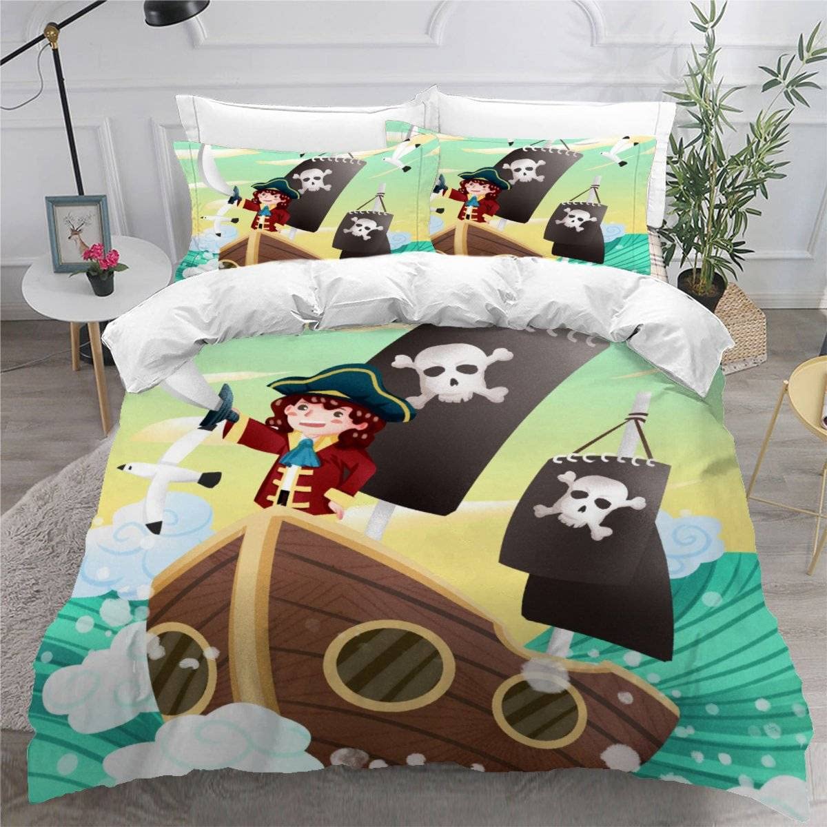 VASENA Duvet Cover King Size 3d Printed Adults Teenager Microfiber Fluffy Kingsize Bedding Pirate Ship Sea Blue Comforter Cover King Size with Pillowcases（230x220）