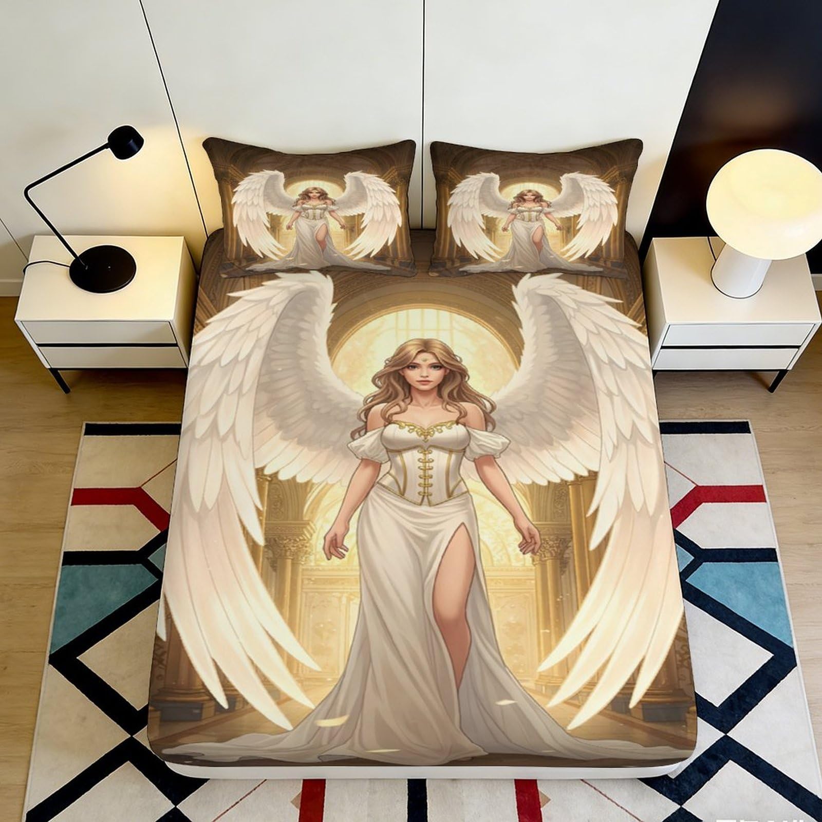 Jqzkxnhpbr Style-9 3D Printed Angel Wings Fitted Sheet Microfiber Soft Gold Halo Mattress Cover For Bedroom Dorm Elegant Decor 90X200x25cm