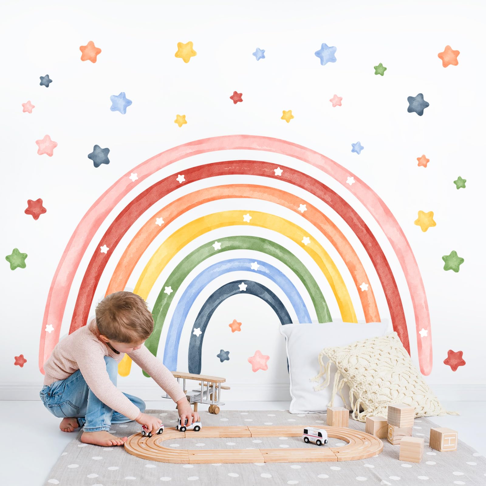 Tanlaby 56"x43" Large Rainbow Wall Stickers Watercolor Stars Wall Decals Peel and Stick Colorful Art Decor for Baby Nursery Girls Bedroom Kids Playroom Daycare Classroom 143 x 110 cm