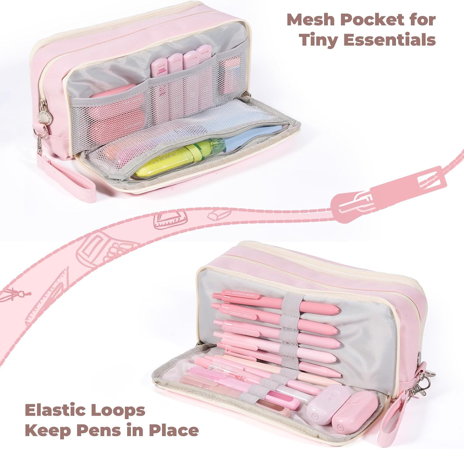 Four Candies Pink Pencil Case 3 Compartment, Large Pencil Pouch with Removable Handle & Zipper, Cute Stationery Organizer Big Pencil Case for Markers, Pencil Bag for Office College, Pink