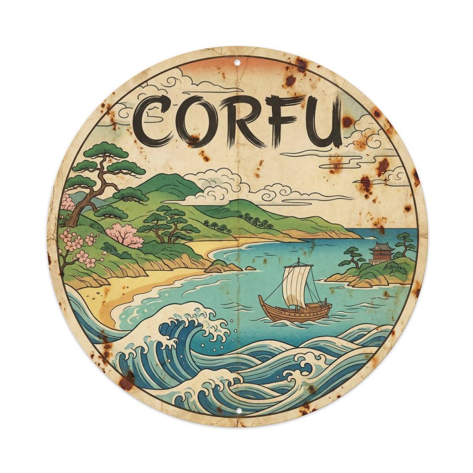 Corfu City Coastal Travel Vintage Woodcut Metal Tin Sign