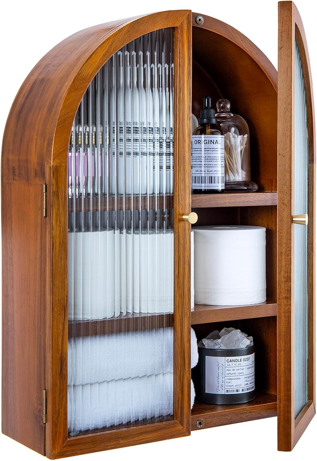 MyGift Medicine Cabinet,Arched Wall Cabinet,Bathroom Medicine Wall Mounted Cupboard,Mid Century Style Floating Storage Cabinet with Glass Door,Natural Acacia Wood