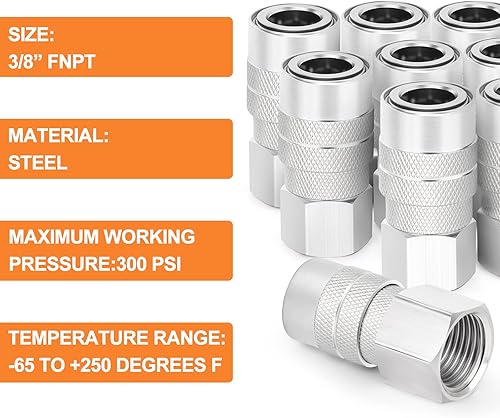 Miniatura 49 de GASHER Acoplador industrial femenino de 12 piezas, 1/4 pulgadas, acoplador de aire de conexión rápida de flujo básico de 1/4