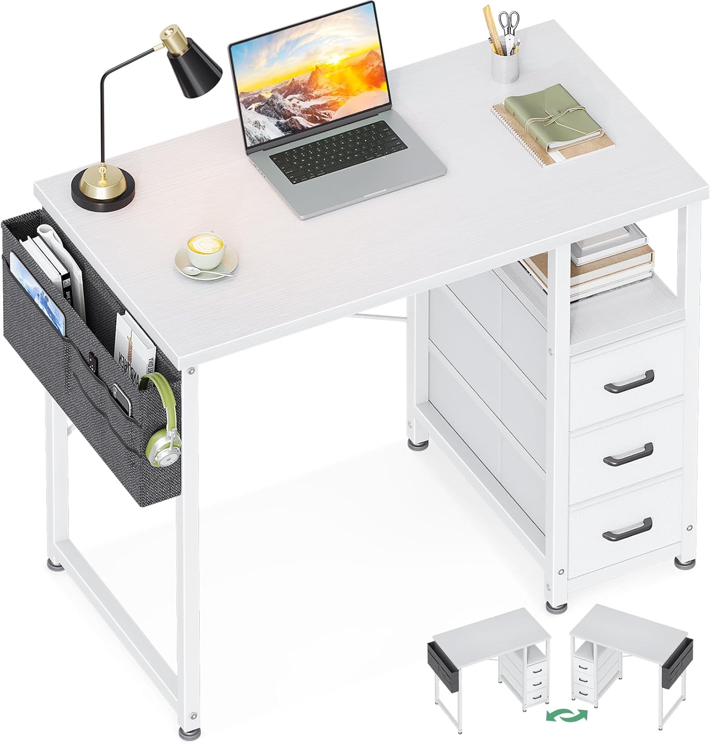 AODK 32-Inch Small Desk with Fabric Drawers, Kids Girls Teen Study Writing Desk for Bedroom, Home Office Computer Desk with Storage Shelf & Bag for Small Space, White White 32-Inch