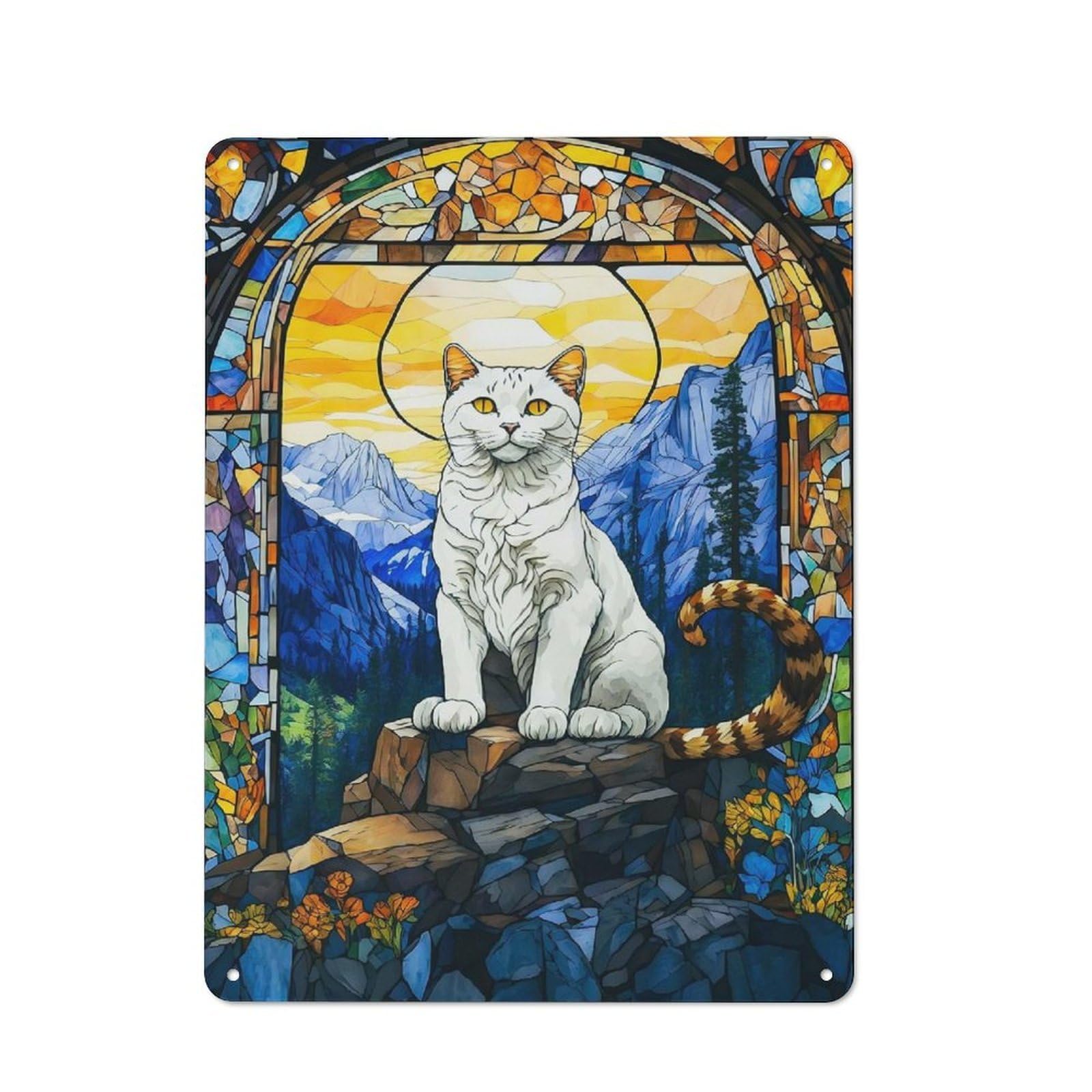 Vintage White Cat Metal Plaque 40x30cm, Bistro Wall Plaque for Coffee Bar, Kitchen, Bistro Or Tea Corner