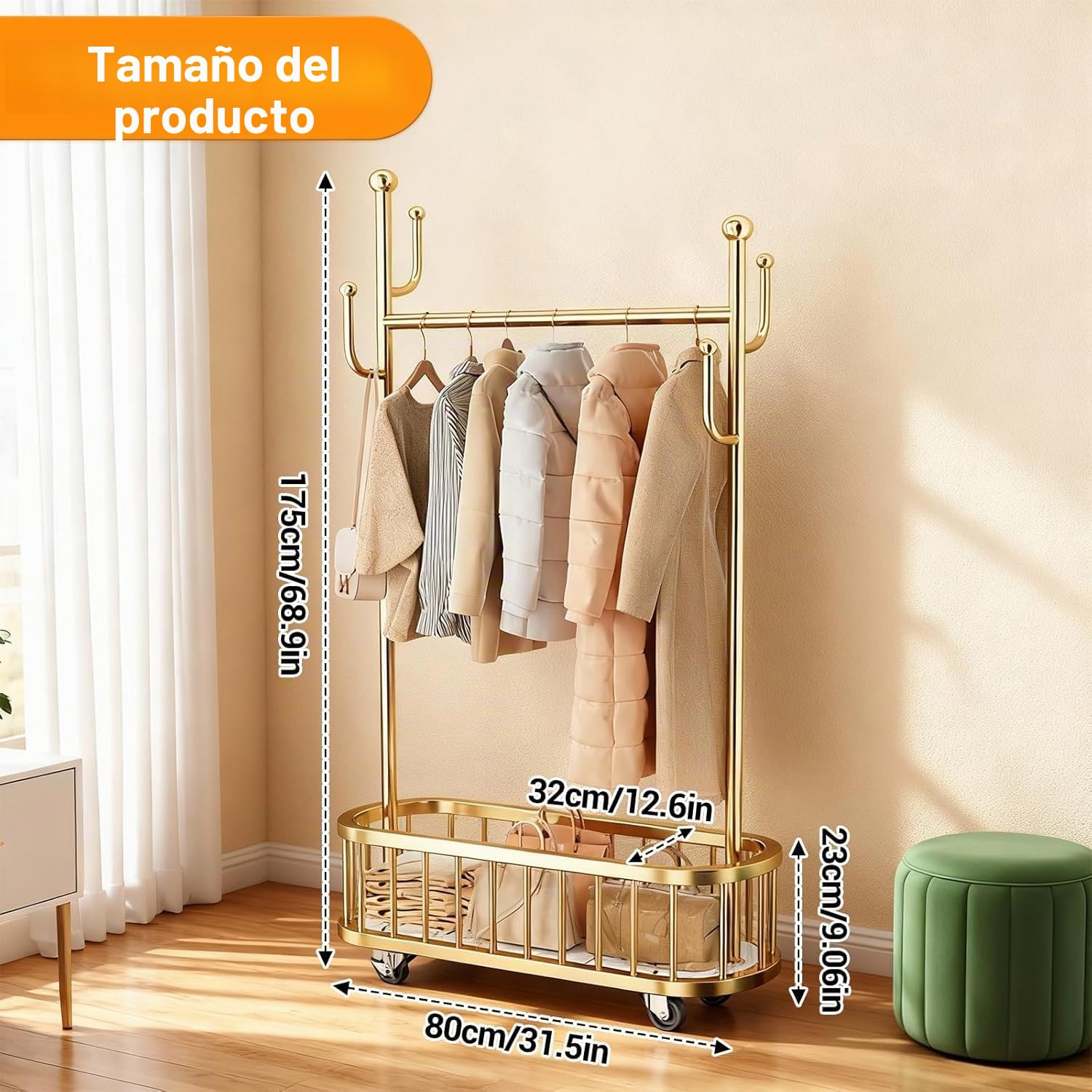 Perchero con ruedas, perchero de metal para dormitorio, con cesta de almacenamiento, 175 x 80 x 32 cm, perchero de suelo independiente para colgar ropa, dorado