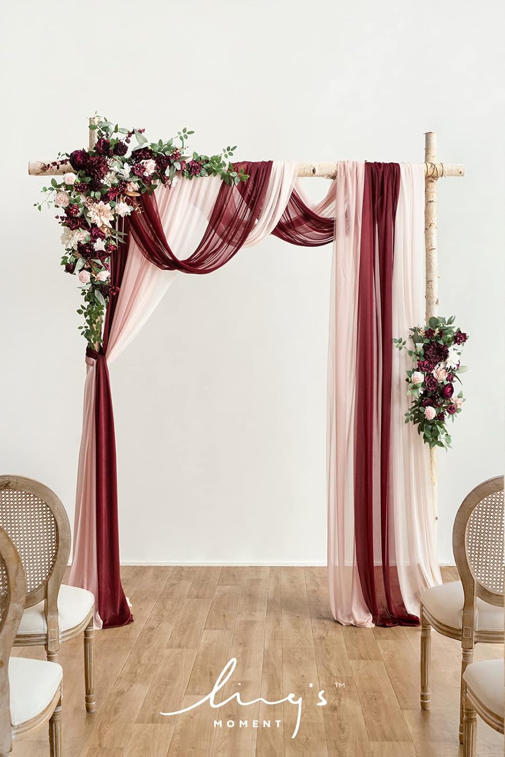 ling's moment deluxe wedding arch flowers with drapes kit-pack of 5, 2pcs flower arrangements 3pcs hanging sheer drapes pink ceremony arbor red backdrop artificial rose floral decorations red-marsala