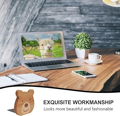 Miniatura 6 de Cabilock 2 tapones para libros sujetalibros de oso de madera para estantes, base de metal, antideslizantes, para decoración de estanterías,