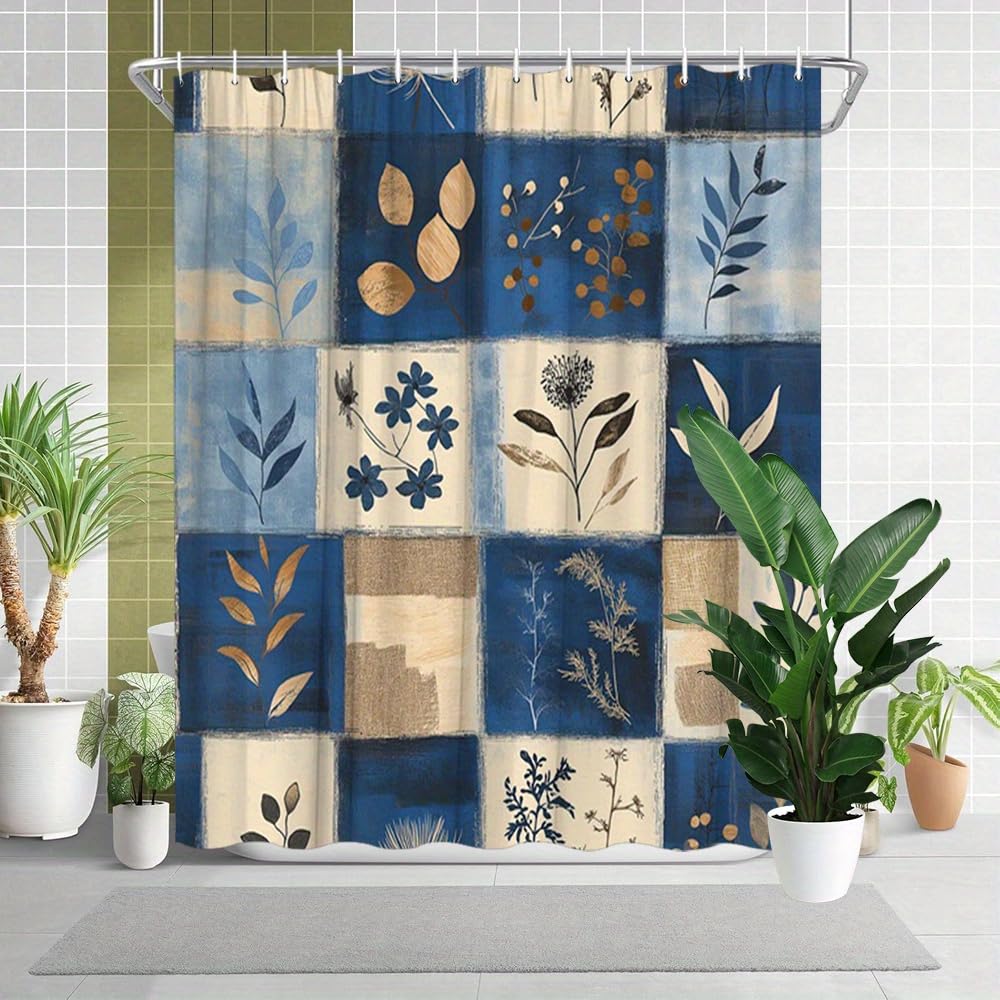 GLWDMB 1 Piece 90x180CM Grid Botanical Printed Shower Curtain With Hook, Polyester, for Windows And Walls, Bathtub, Bathroom, Machine Washable, All Season Universal