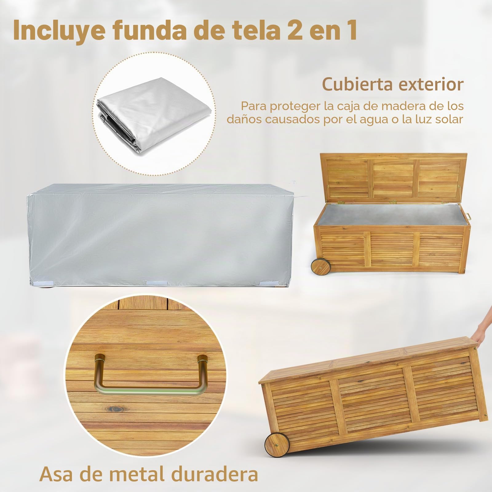 KOMFOTTEU Baúl de Jardín 182 L con Ruedas y Asas, Arcón Exterior de Madera de Acacia, Caja de Almacenamiento con Bolsa Interior Resistente al Agua, Organizador Herramientas, 127 x 50 x 45 cm