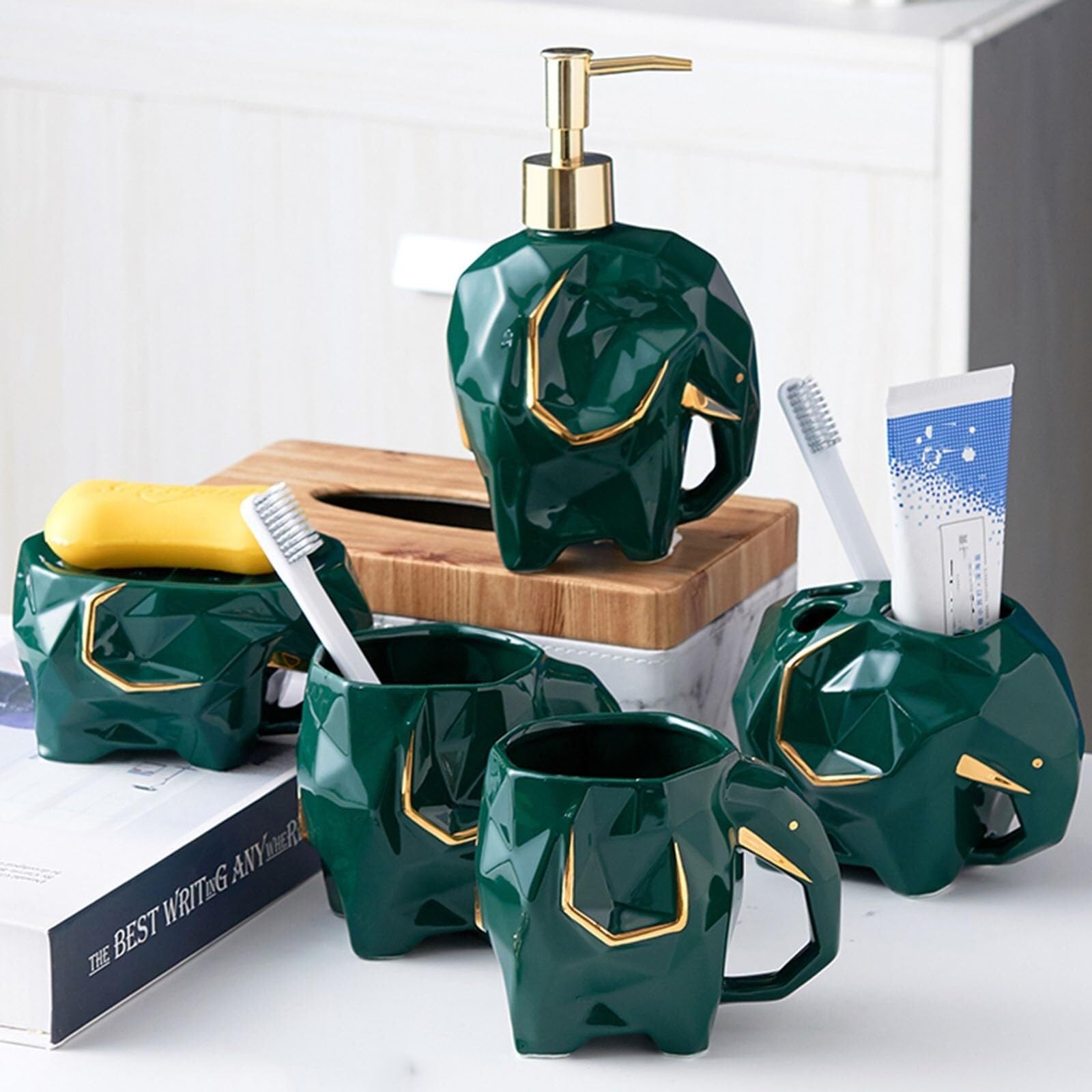 Set di accessori per il bagno Set di dispenser sapone, divertenti accessori da bagno in ceramica con piattino e bicchiere for spazzolino denti Arredamento per gli affittuari(Pink)