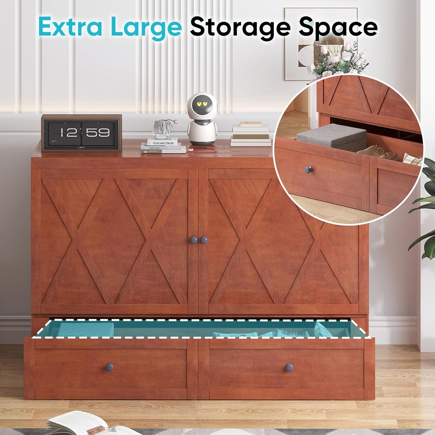 CECER Queen Size Murphy Bed with Tri-Folding Mattress，Murphy Bed with Charging Station and Two Large Storage Drawers for Small Spaces/Bedroom（Maroon）-Mattress Include