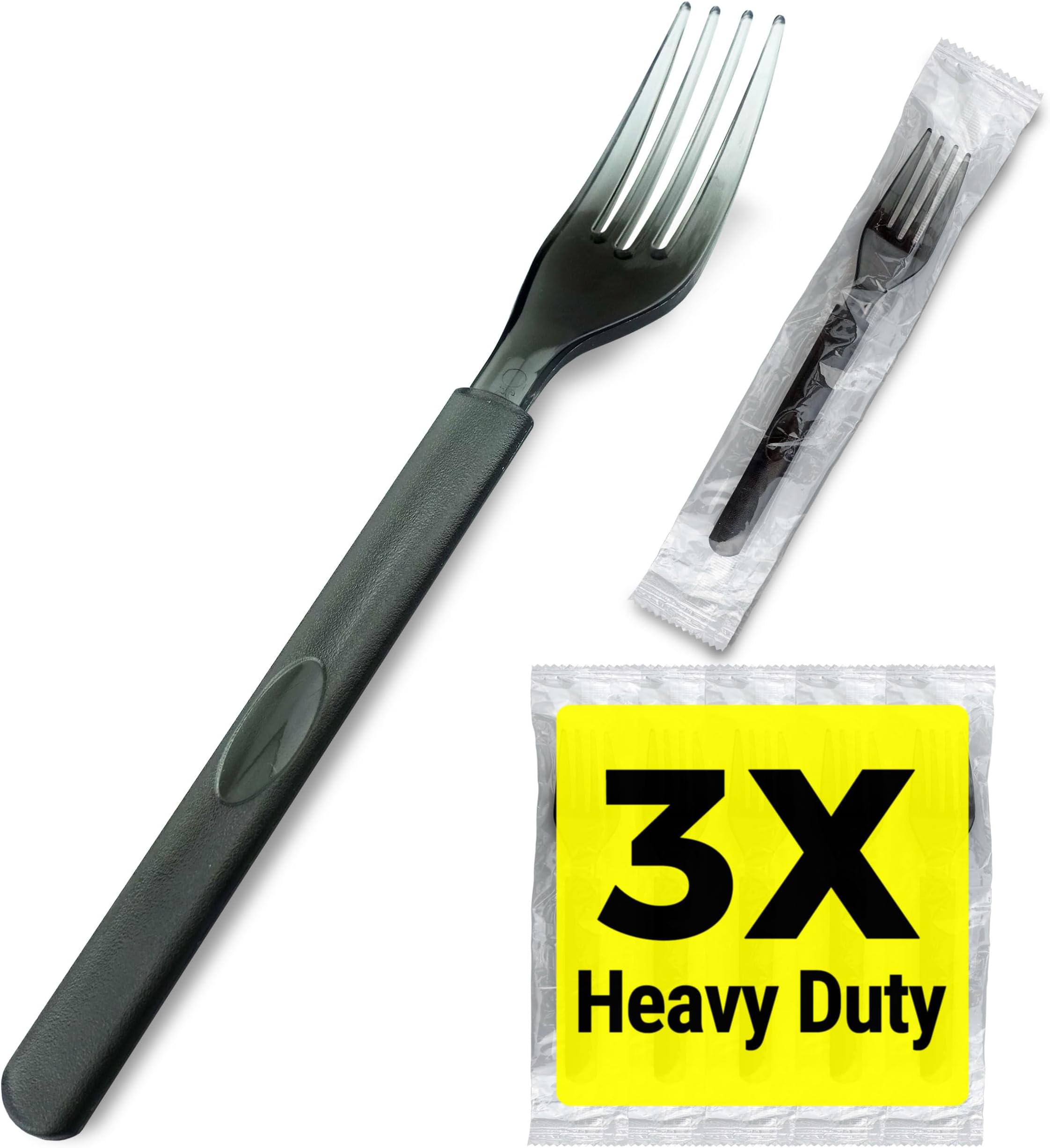 3X Heavy Duty Plastic Forks Individually Wrapped, Sturdy Like Silverware, 100 Pack Black Disposable Forks Bulk, Packaged To-Go Utensil Set, Perfect for Event Catering, Restaurant and Take Out.
