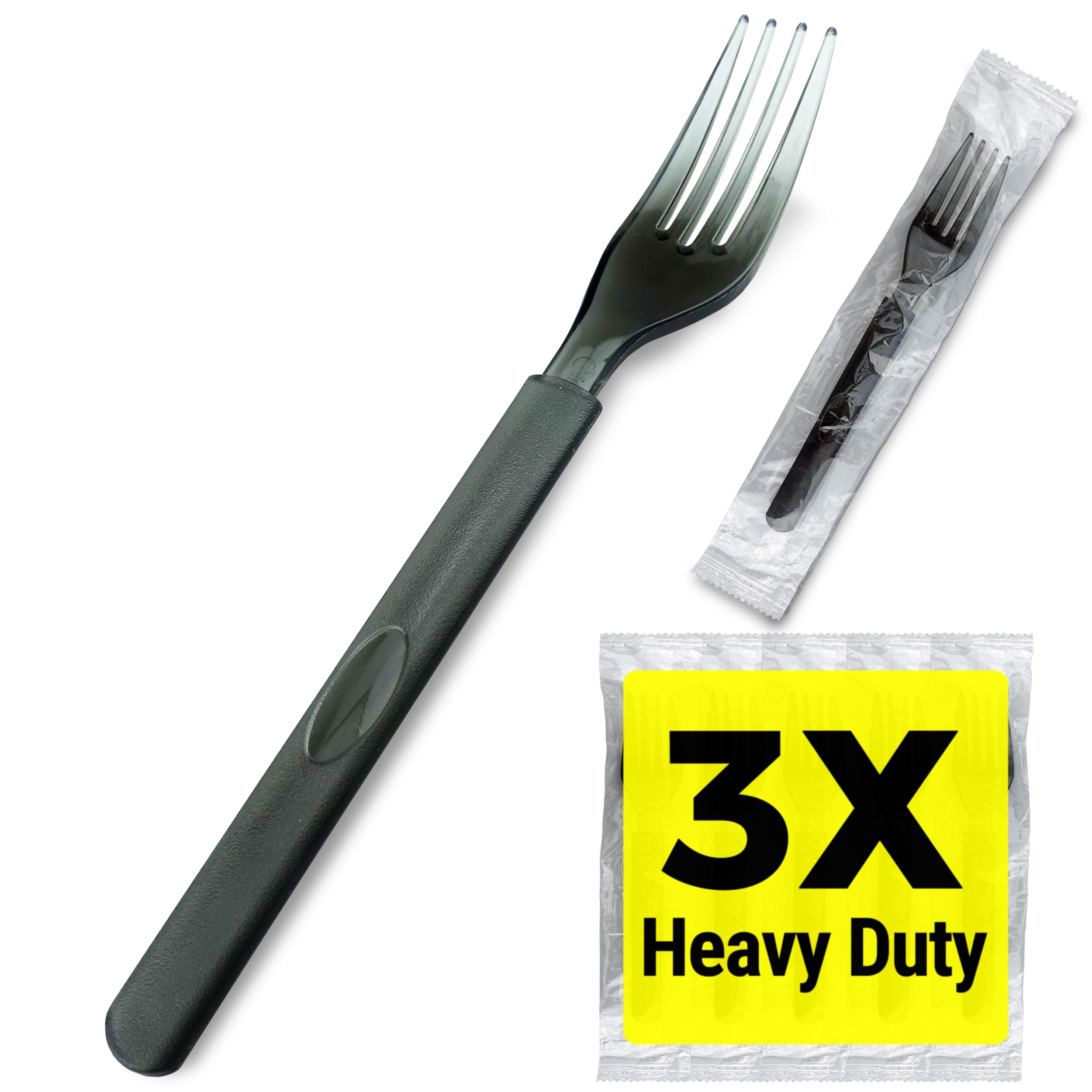 3X Heavy Duty Plastic Forks Individually Wrapped, Sturdy Like Silverware, 100 Pack Black Disposable Forks Bulk, Packaged To-Go Utensil Set, Perfect for Event Catering, Restaurant and Take Out.