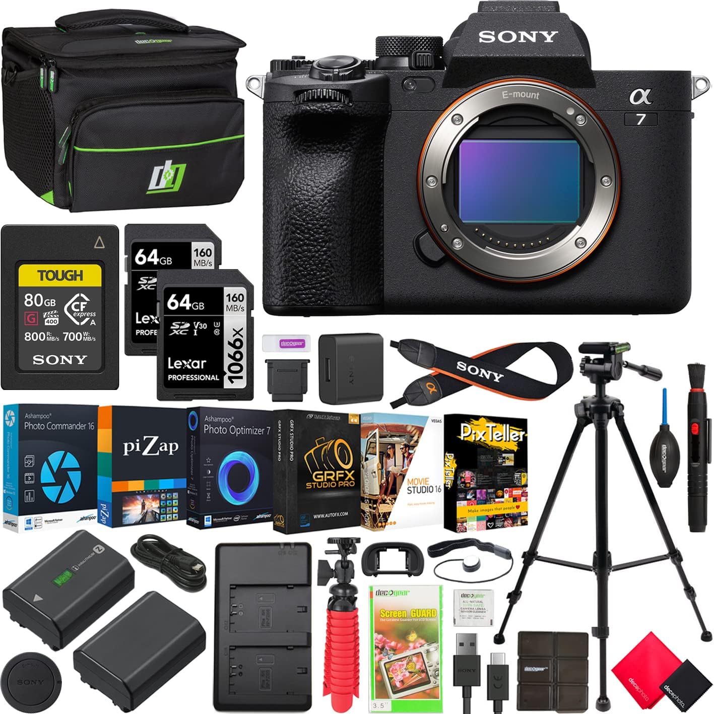Sony a7 IV Full Frame Mirrorless 33MP Alpha Interchangeable Lens Camera Body ILCE-7M4/B Bundle with Deco Gear Case + 208GB Total Memory + Tripod + Extra Battery, Dual Charger,Software and Accessories