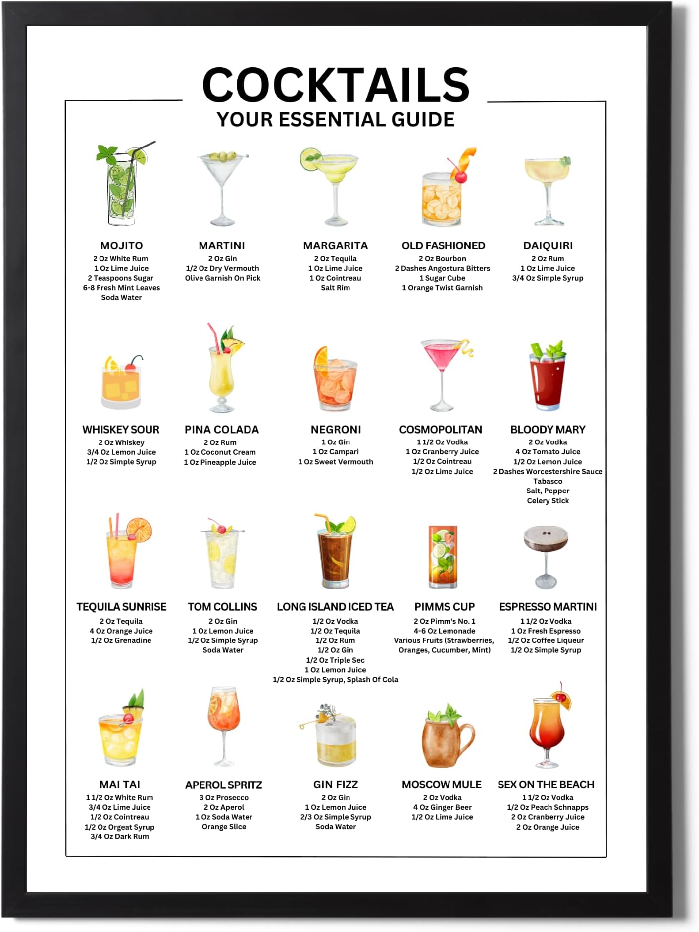 State Media Vision Cocktails Your Essential Guide' A3 & A4 Mixology Poster - 20 Classic Cocktail Recipes - Kitchen and Bar Wall Art - Variety of Sizes (A4 Print Only)