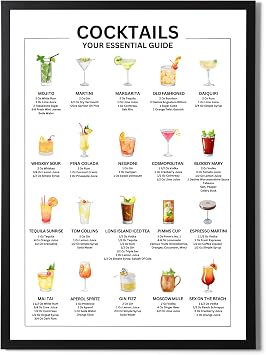 'Cocktails Your Essential Guide' A3 & A4 Mixology Poster - 20 Classic Cocktail Recipes - Kitchen and Bar Wall Art - Variety of Sizes A3 Print Only