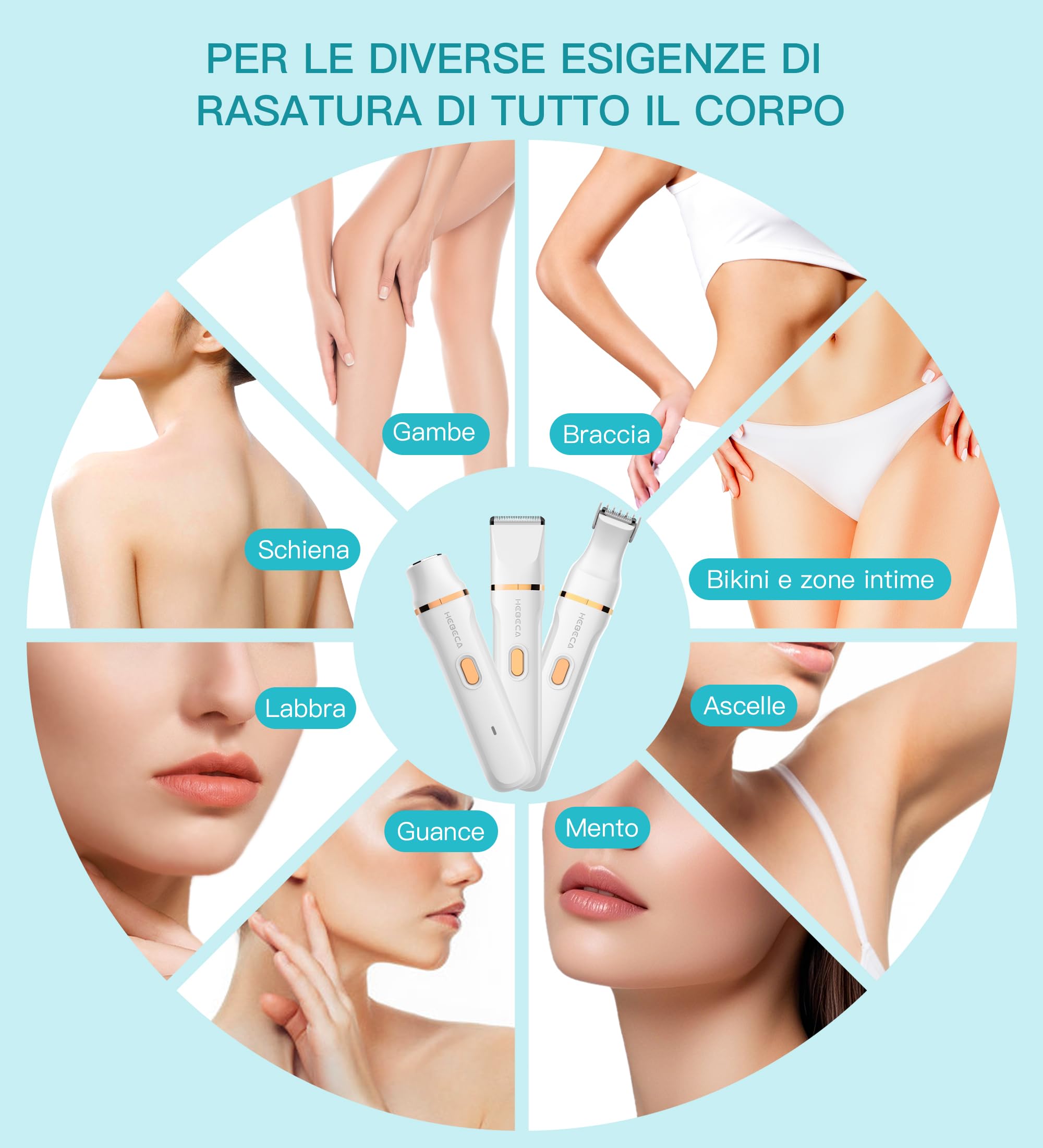 Hebeca Rasoio elettrico 3 in 1 per bikini, da donna, per viso e intimo, per pelli sensibili, impermeabile e ricaricabile