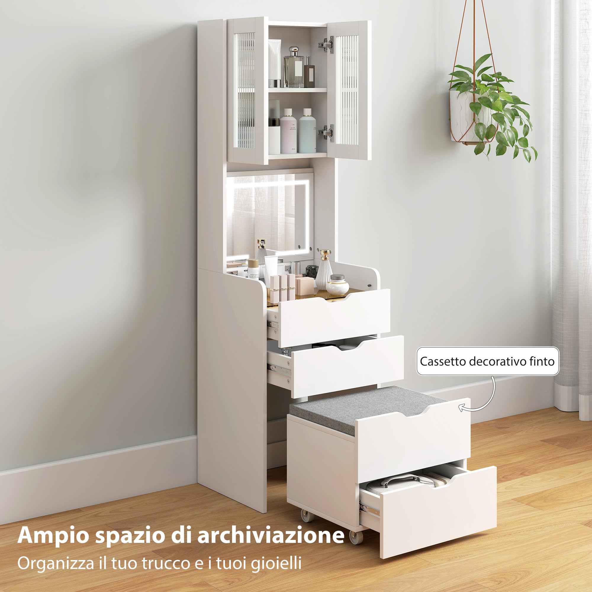 HOMCOM Postazione Trucco con Luci LED a 3 Colori, Specchio a Ribalta, Toeletta Trucco Moderna con Sgabello Imbottito a Scomparsa, 3 Cassetti, Armadietto con Ante in Vetro, Scomparto, Bianco