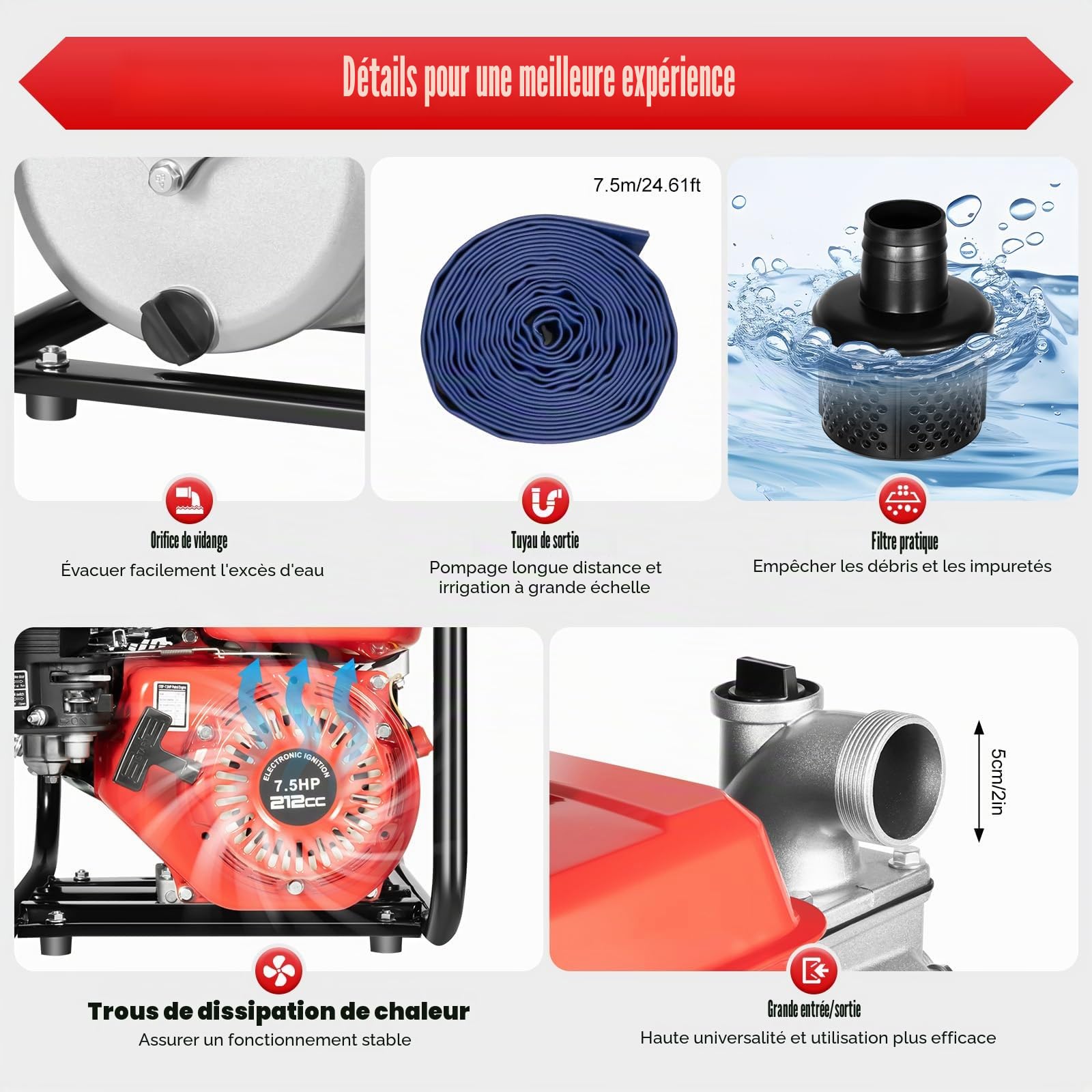 Pompe à eau à essence, 4 kW, 25000 l/h, 30 m, raccord de 2 pouces, pompe de jardin 7,5 ch, pompe à eau sale avec moteur à 4 temps et hauteur d'aspiration, démarrage par câble, pompe à