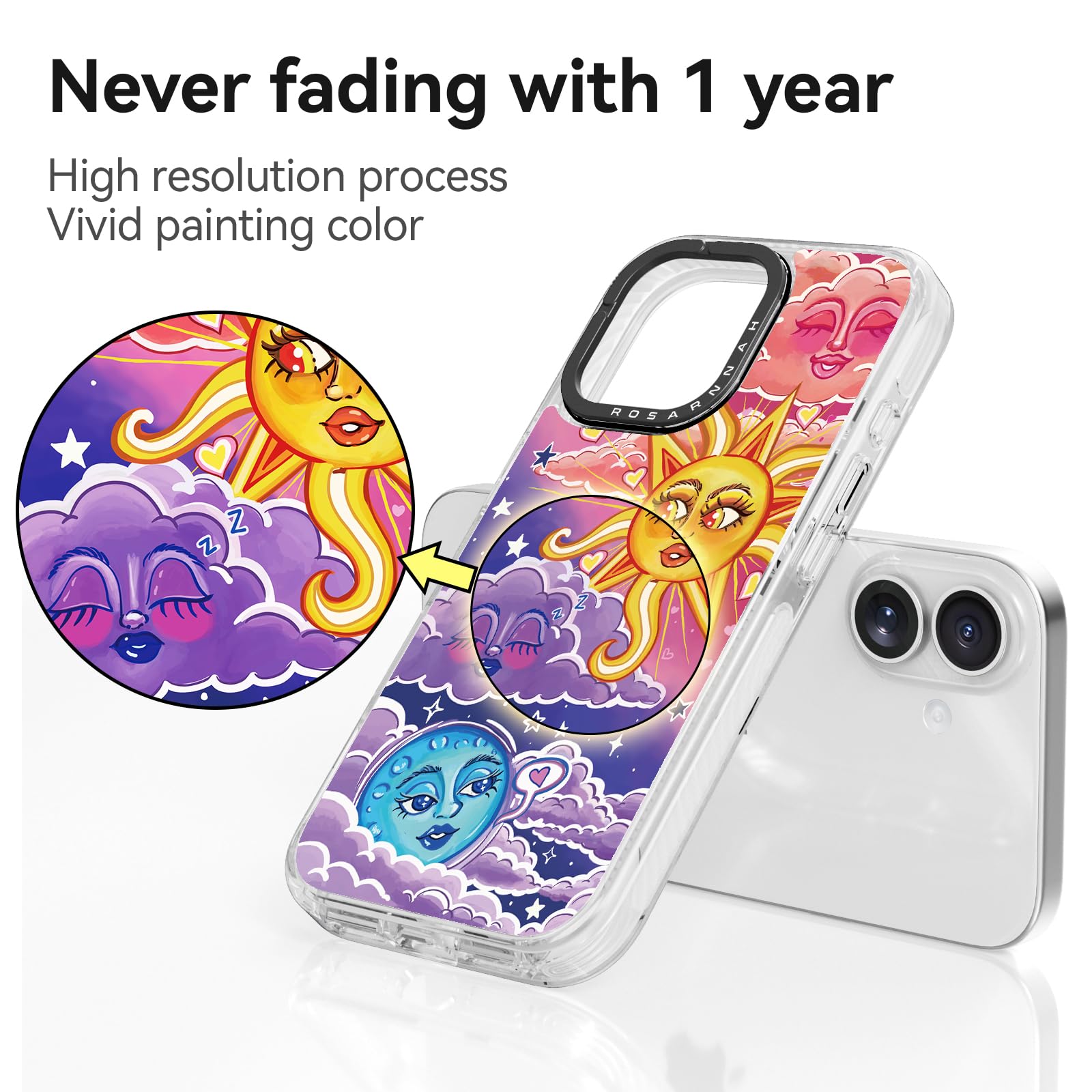 Rosarnnah Funda compatible con iPhone – Funda duradera a prueba de golpes de impacto de caída de 6.5 pies – Divertido diseño de día y noche para iPhone (6.1 pulgadas), transparente