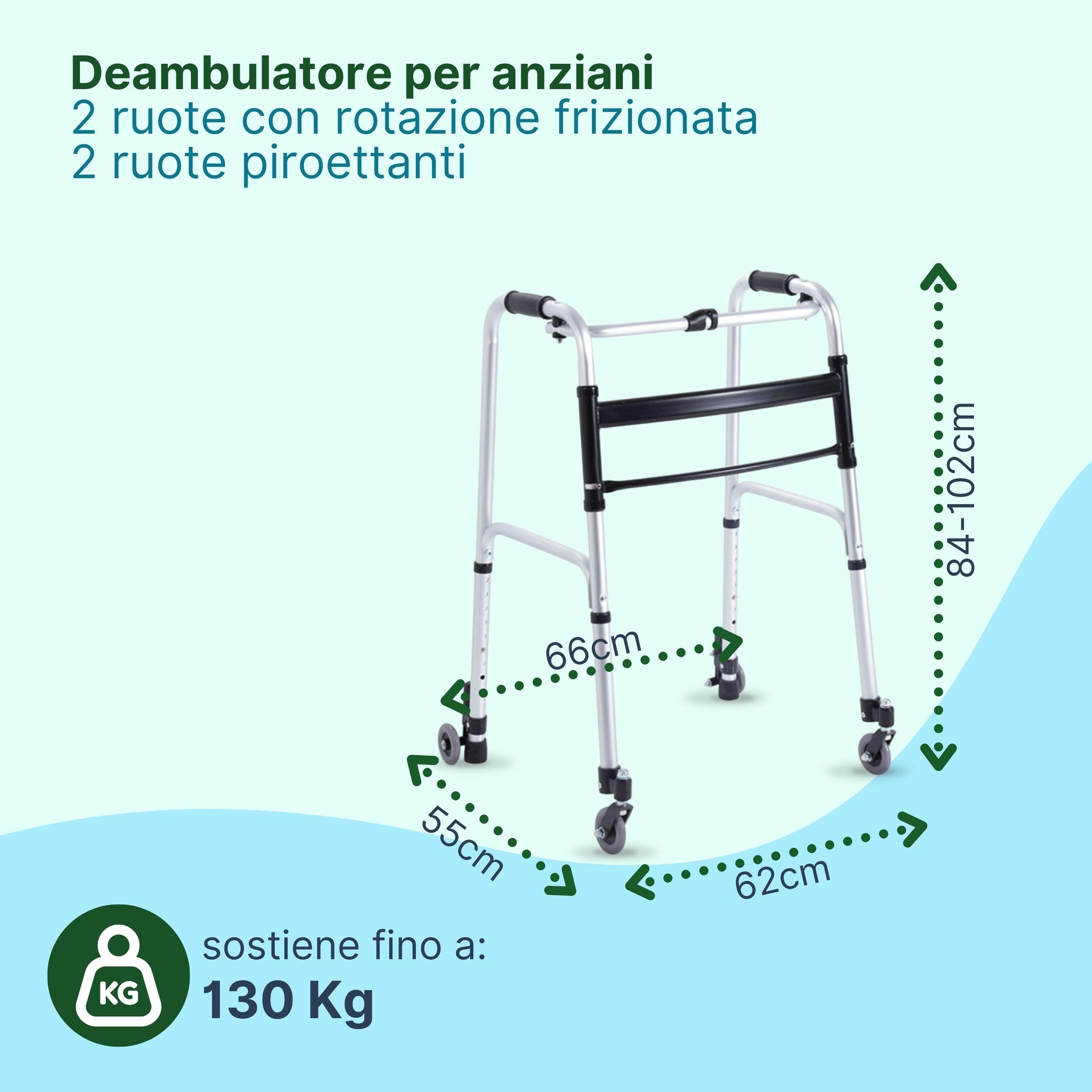 Deambulatore per Anziani 2 Ruote con Rotazione Frizionata e 2 Piroettanti - Girello per Anziani con Freno Autobloccante - Pieghevole