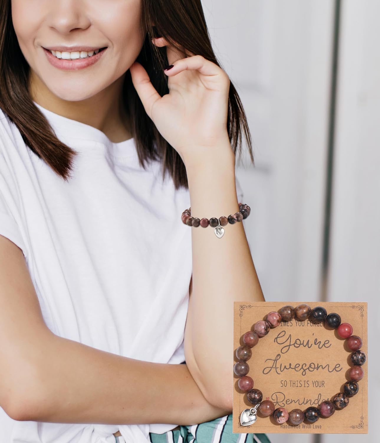 CASDAN 8Pcs Beaded Bracelets for Women Natural Stone Heart Bracelet Sometimes You Forget You're Awesome Inspirational Jewelrycard Gifts for Her Friend Sister Mom on Mother's Day/Birthday/Graduation/Easter/Christmas - Image 4