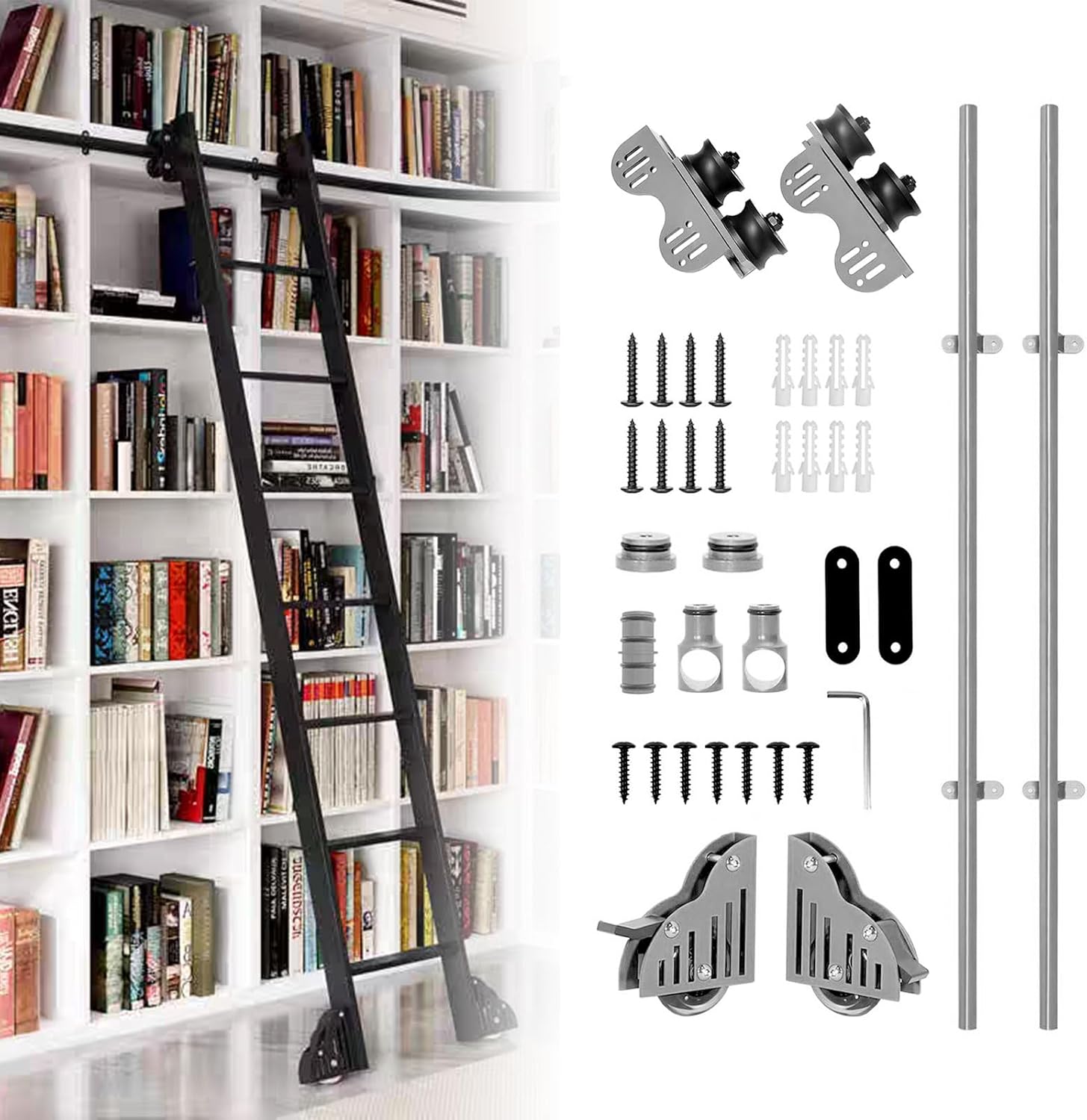 Quite Guide Library Retractable Rolling Sliding Ladder Hardware Kit with Floor Roller with Brake + Round Tube Mobile Extention Rail (No Ladders), 3.3ft-20ft(16ft/500cm Track kit)