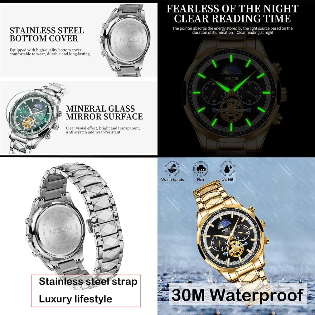 NIBOSI Watches for Men Fashion Stainless Steel Business Casual Luxury Waterproof Luminous Dress Analog Chronograph Luminous Large Big Face Dad Father Gifts Gold Black Wrist Watch - Image 4